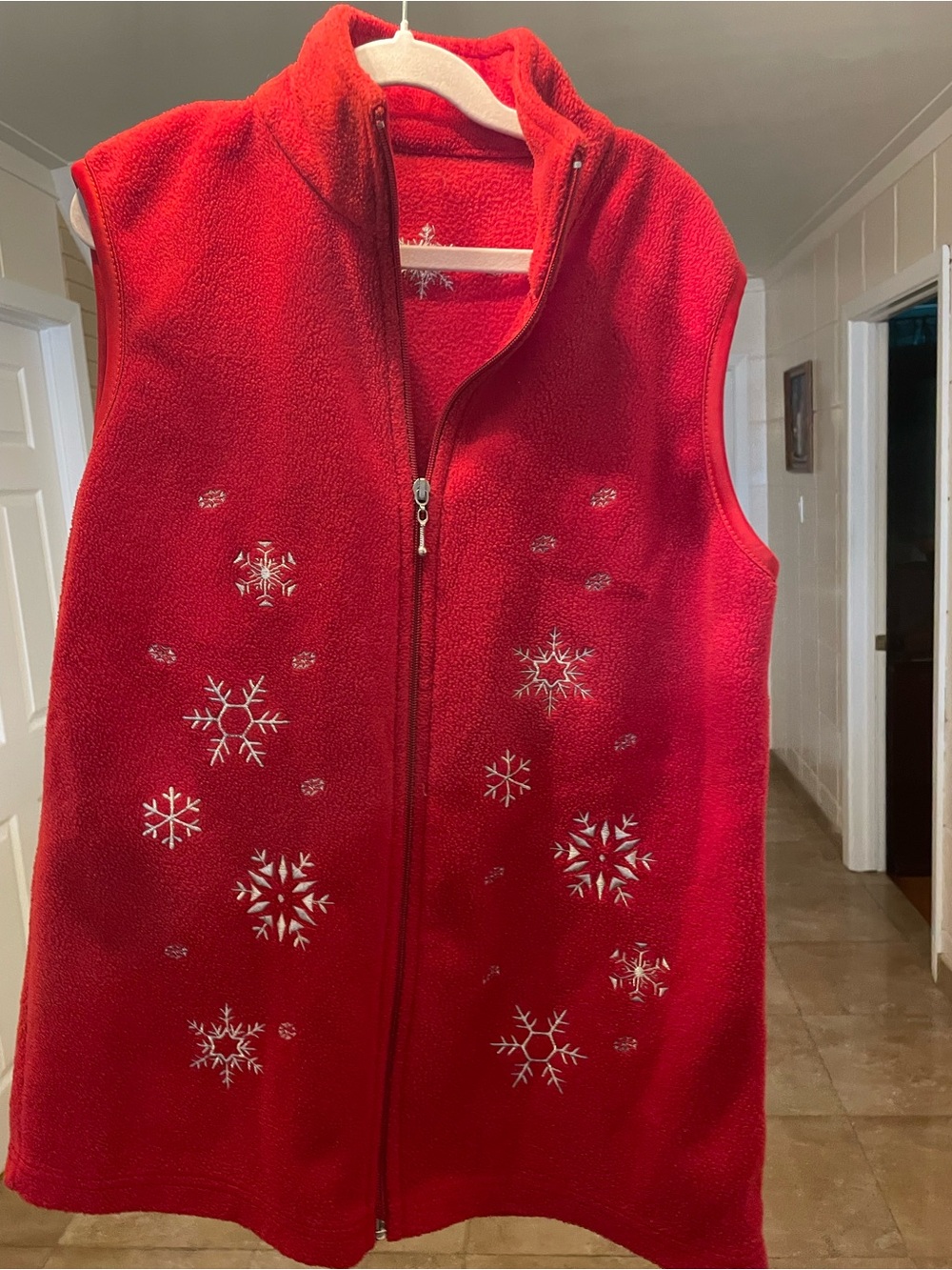 Red Fleece Vest with Snowflake Embroidery